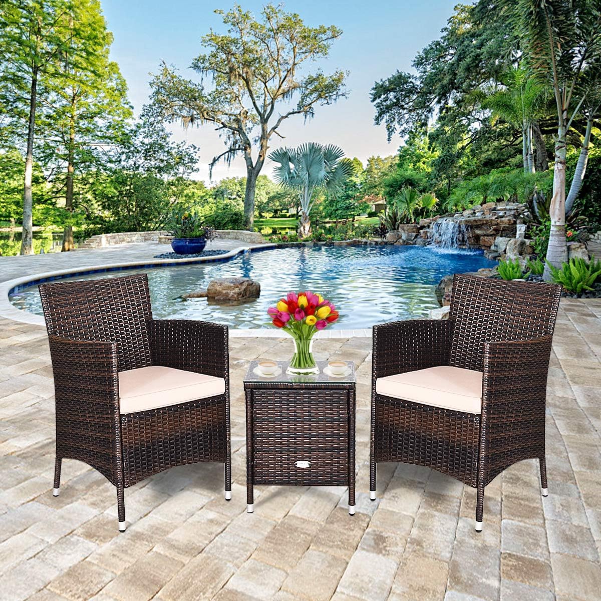 HAPPYGRILL 3 Piece Patio Set Wicker Rattan Furniture Set Outdoor Rattan Conversation Set with Coffee Table Chairs & Thick Cushions Bistro Sets for Patio Garden Lawn Backyard Pool
