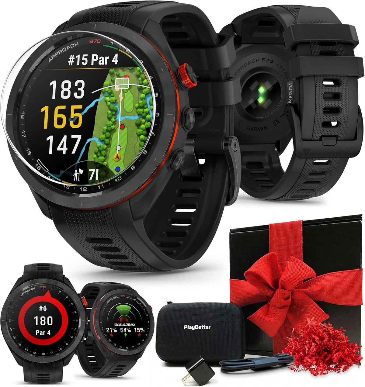 Garmin Approach S70 (Black, 47mm) Golf GPS Watch - AMOLED Display, Virtual Caddie & Playslike Distance - Gift Box Bundle with PlayBetter Screen Protectors, Wall Adapter & Hard Case