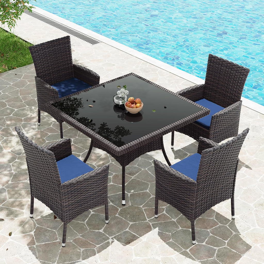Gotland 10 Piece Outdoor Dining Set, All-Weather Rattan Patio Furniture Set with Umbrella Hole Tempered Glass Square Table, Outdoor Table and Chairs with Removable Cushions for Backyard, Deck Navy