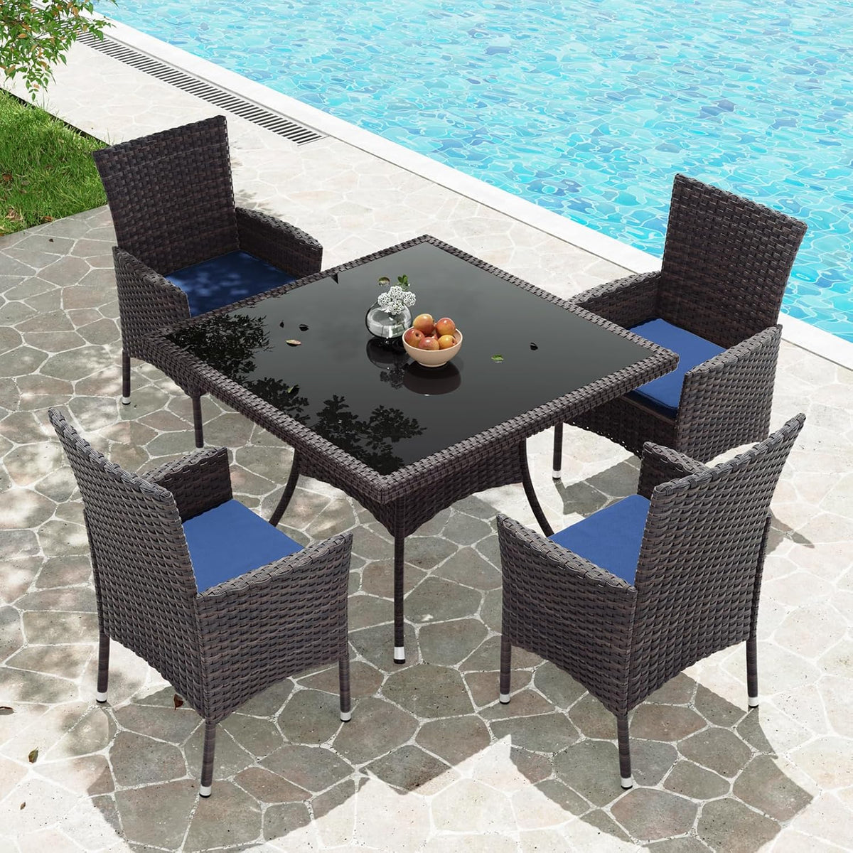 Gotland 15 Piece Outdoor Dining Set, All-Weather Rattan Patio Furniture Set with Umbrella Hole Tempered Glass Square Table, Outdoor Table and Chairs with Removable Cushions for Backyard, Deck Navy