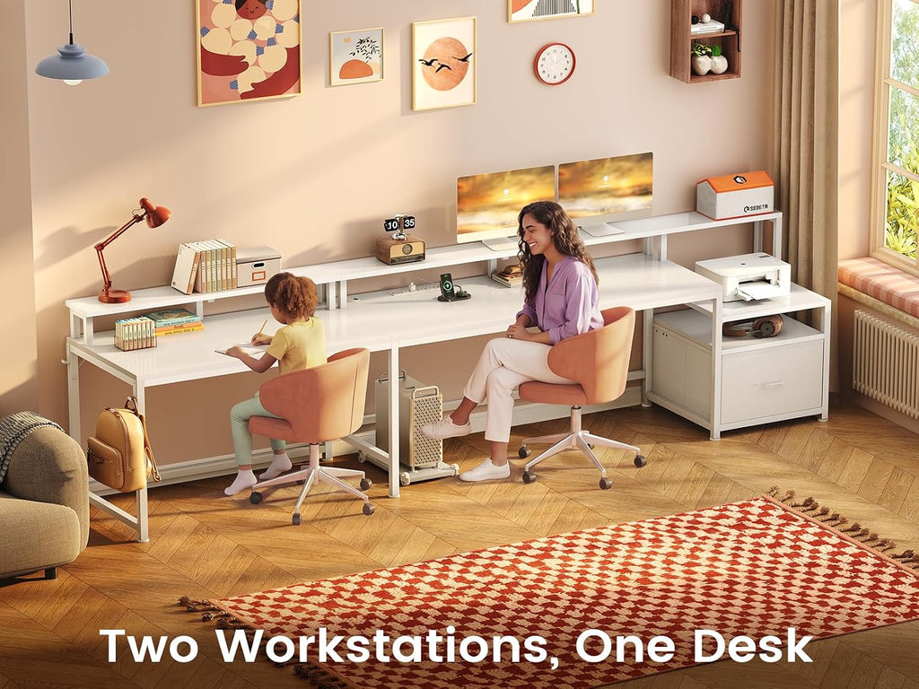 SEDETA 66' L Shaped Desk with Power Outlet, Reversible Home Office Computer Desk with File Drawer & Monitor Shelf, Storage Shelves, LED Lights for Corner Small Spaces, White