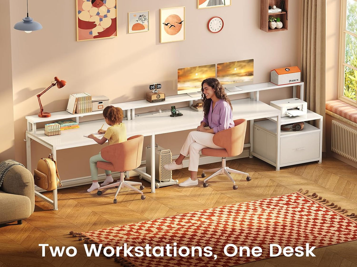 SEDETA 66' L Shaped Desk with Power Outlet, Reversible Home Office Computer Desk with File Drawer & Monitor Shelf, Storage Shelves, LED Lights for Corner Small Spaces, White