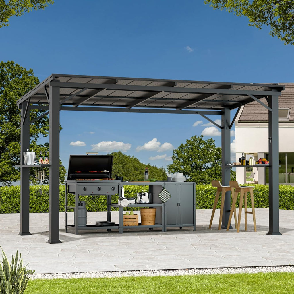 Covered Outdoor Grill Gazebo 6'x12'with Side Shelf, Outdoor Hardtop Gazebo with Bottle Opener & Hooks, Grill Canopy with Sturdy Rustproof Design for Backyard, Garden, Patio,Black