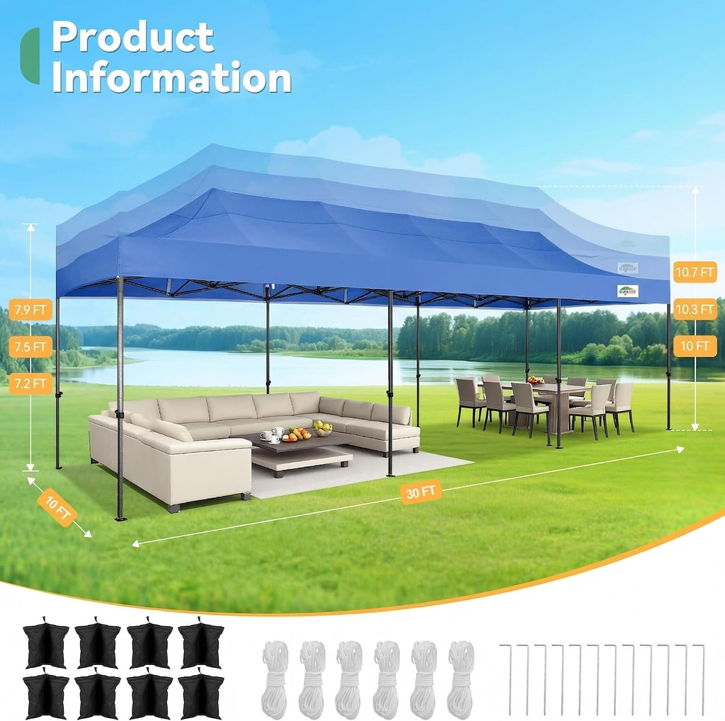COBIZI 10x30 Heavy Duty Pop Up Canopy Tent with 8 Sidewalls Thicken Frame, Commercial Easy Up Outdoor Wedding Party Tents, All Season Waterproof Windproof with Stakes Sandbags Ropes Roller Bag, Blue
