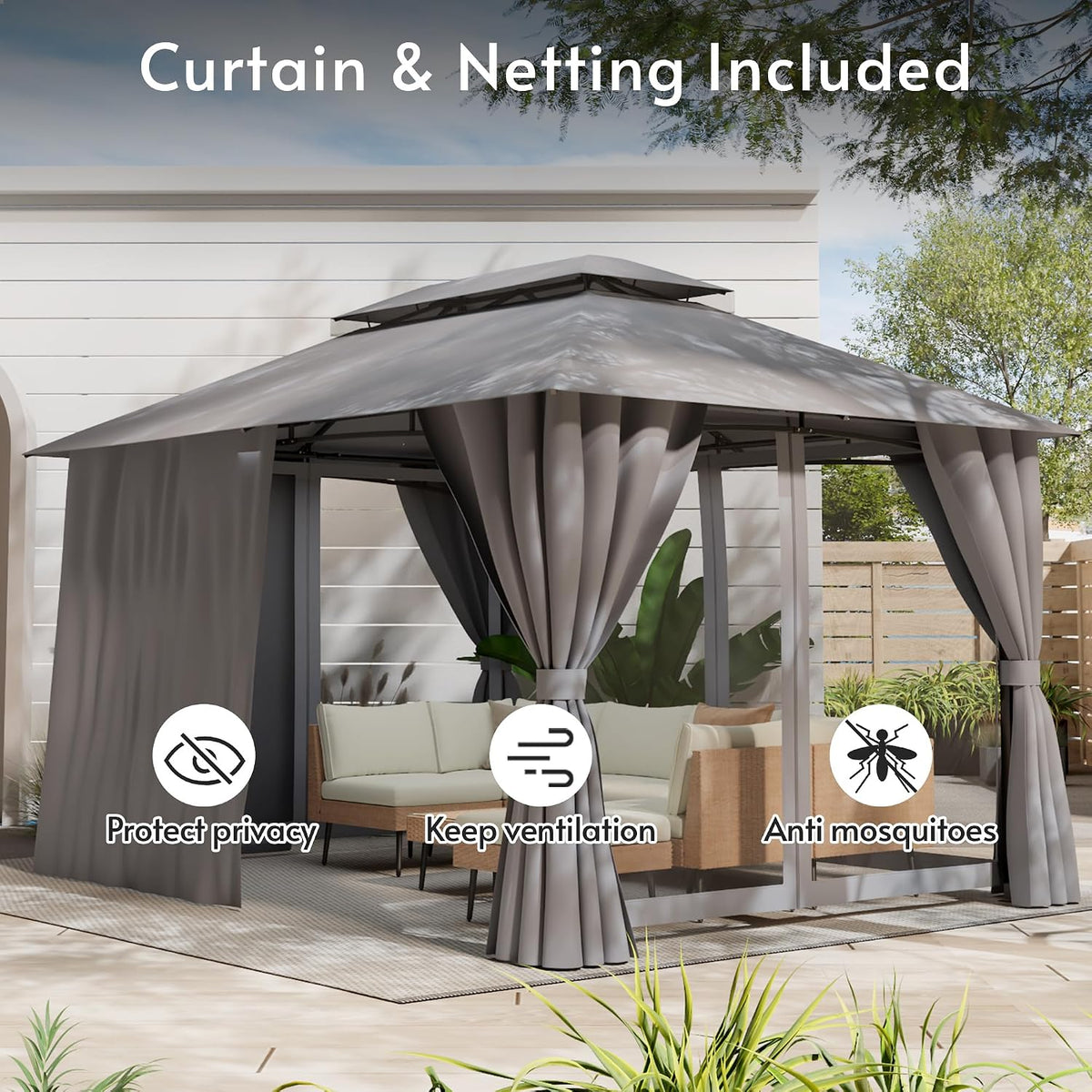 Gazebo 10x13(Canopy Size) with Mosquito Netting & Privacy Screens. Double Roof Design Outdoor Gazebo with Powder-Coated Metal Frame for Patio, Deck, Backyard, Garden & Lawns
