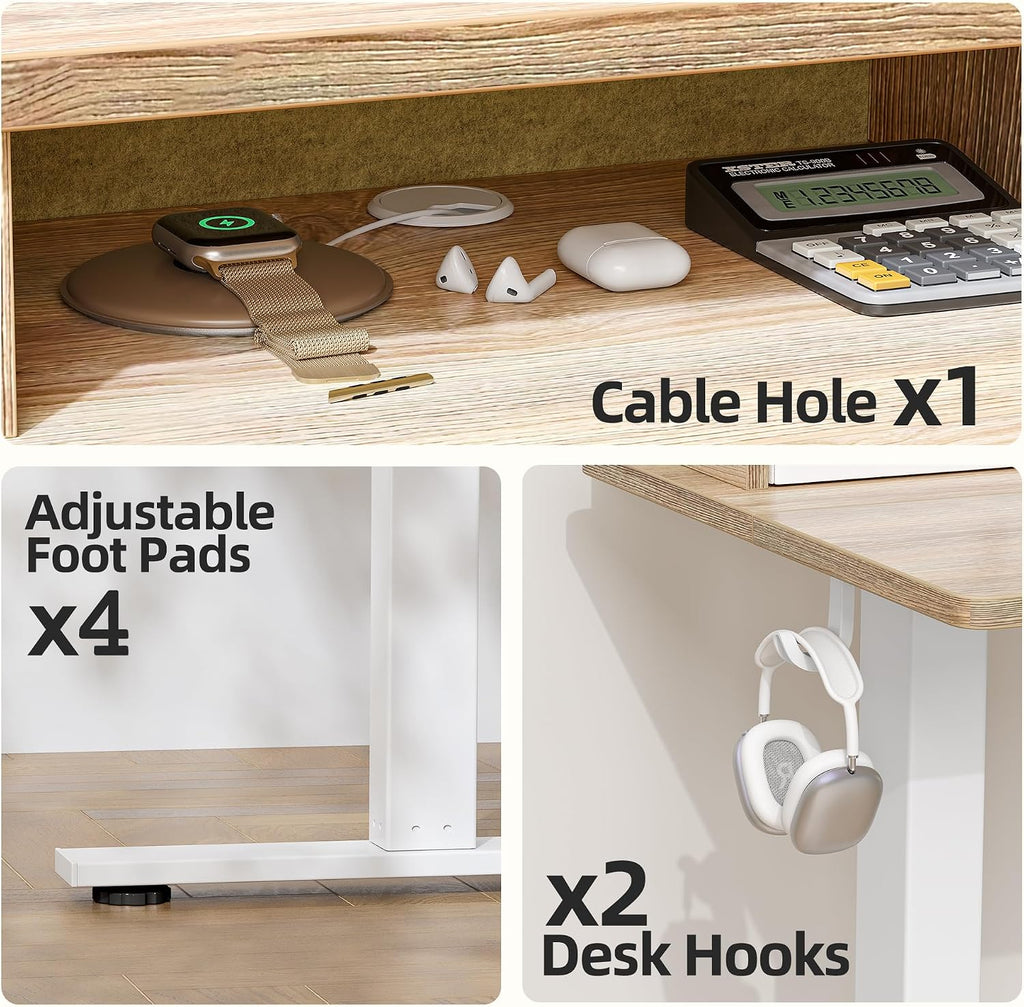 TIQLAB Standing Desk with Two Drawers, Stand Up Standing Desk Adjustable Height, Electric Sit Stand Table with Storage Shelf and Splice Board, 63 * 24 inch, Maple