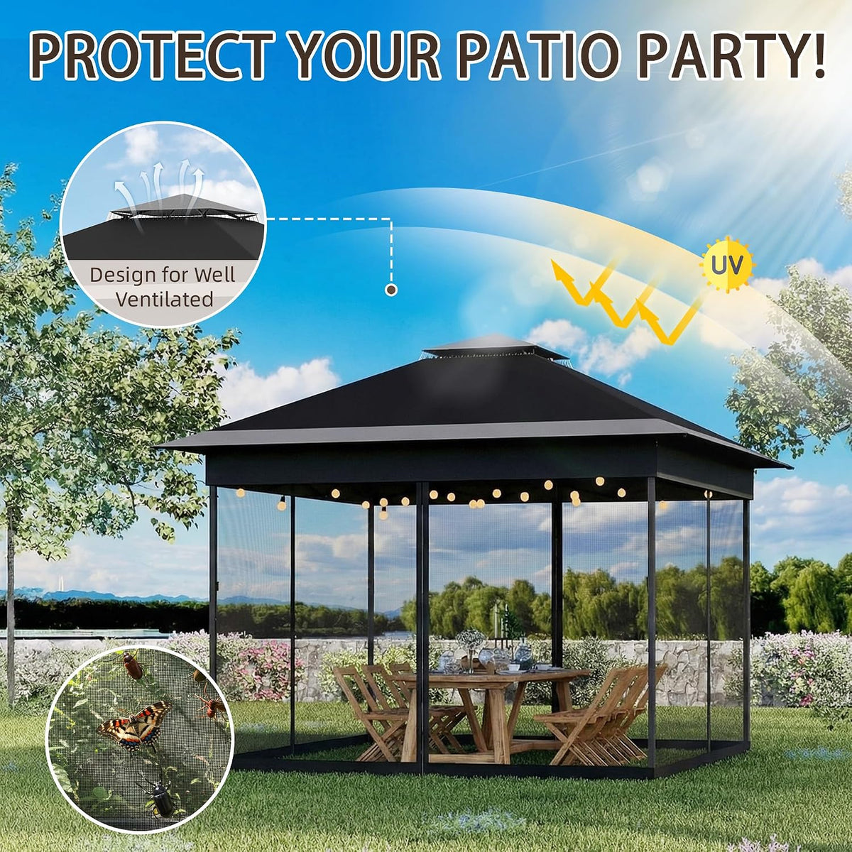 Bezseller 11x11 Pop Up Gazebo with Mosquito Netting – Easy 1-Person Setup, Water-Resistant Backyard Canopy for Family Patio & Garden Use, Black