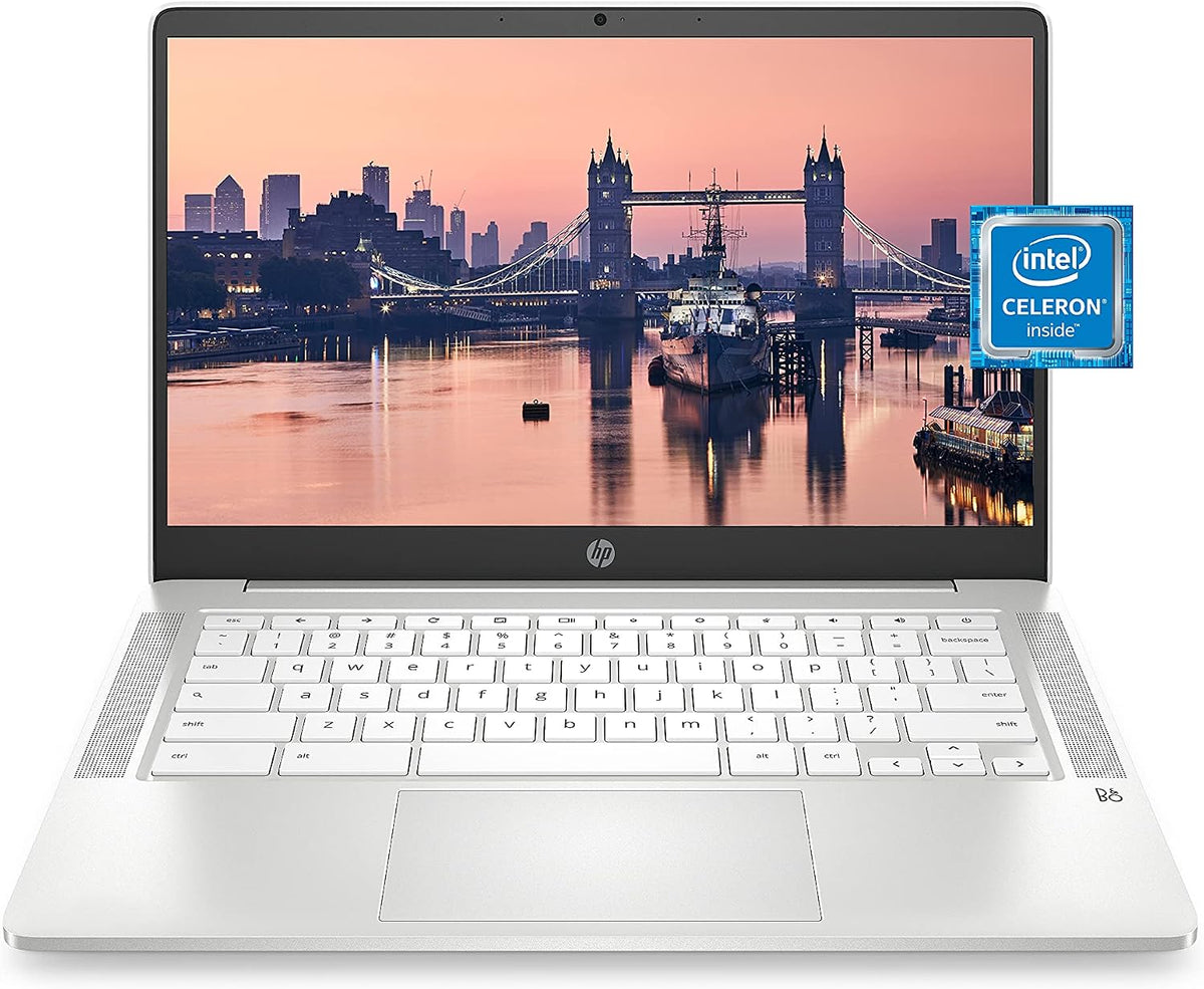 HP Chromebook 14 Laptop, Intel Celeron N4000 Processor, 4 GB RAM, 32 GB eMMC, 14' HD Display, Chrome, Lightweight Computer with Webcam and Dual Mics, Home, School, Music, Movies (14a-na0021nr, 2021)