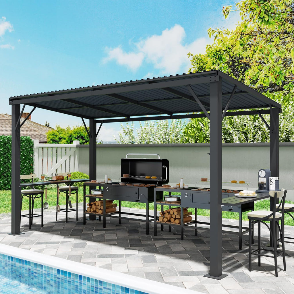 EBE 6'x12' Hardtop Grill Gazebo, Outdoor BBQ Gazebo with Side Shelves, Grill Pergola Canopy with Bottle Opener & Hooks, Metal Gazebo for Patio, Backyard, Deck