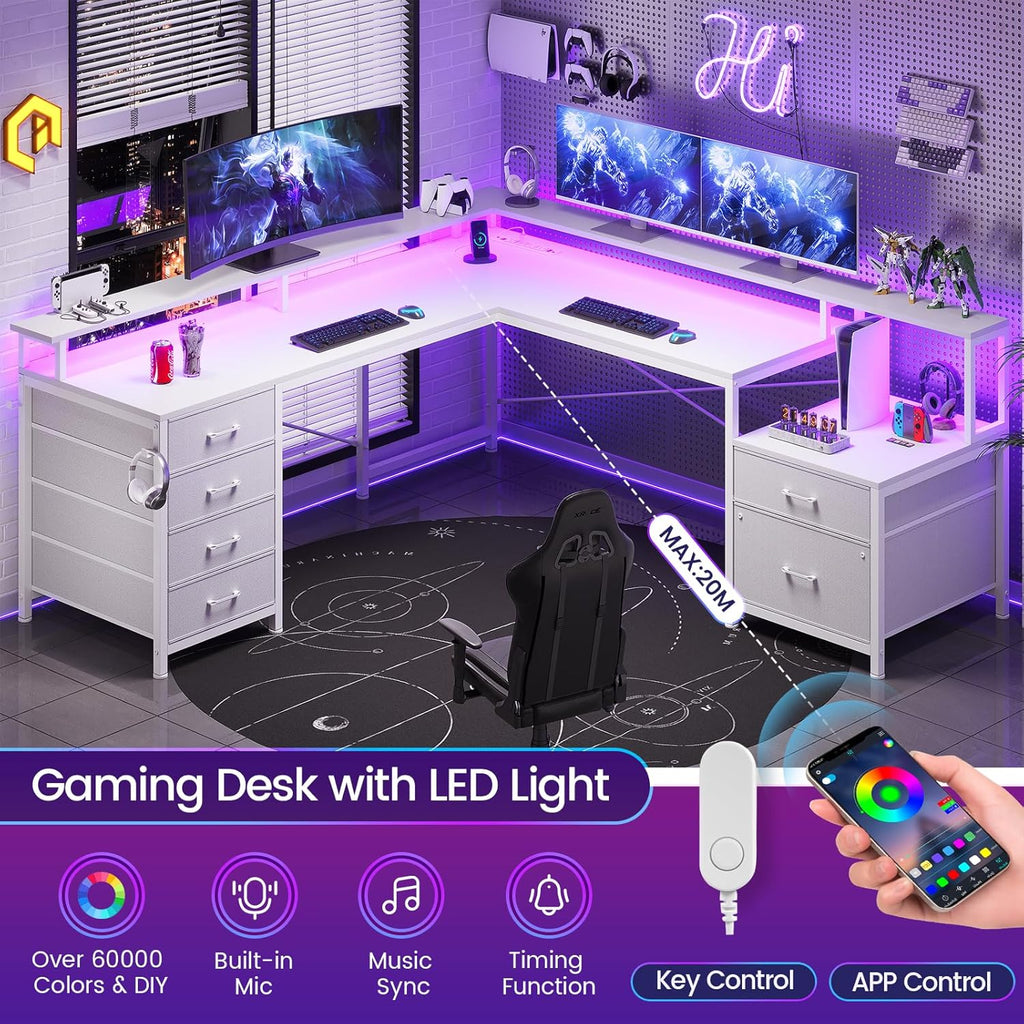 SEDETA L Shaped Desk with 6 Drawer, 108' Home Office Desk with File Drawer & Power Outlet, Corner Computer Desk with Monitor Shelf, File Cabinet, Two Person Desk, Gaming Desk with Led Lights, White