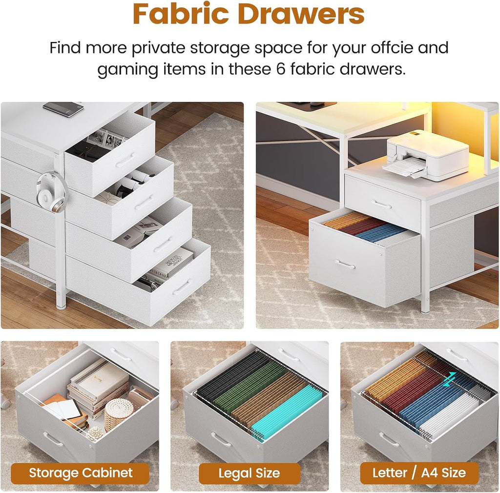 SEDETA L Shaped Desk with 6 Drawer, 108' Home Office Desk with File Drawer & Power Outlet, Corner Computer Desk with Monitor Shelf, File Cabinet, Two Person Desk, Gaming Desk with Led Lights, White
