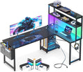 Casaottima 61 Inch Gaming Desk with Power Outlets & LED Lights, Reversible L Shaped Computer Desk with Shelves & Storage Bag, Corner Desk for Home Office, Black