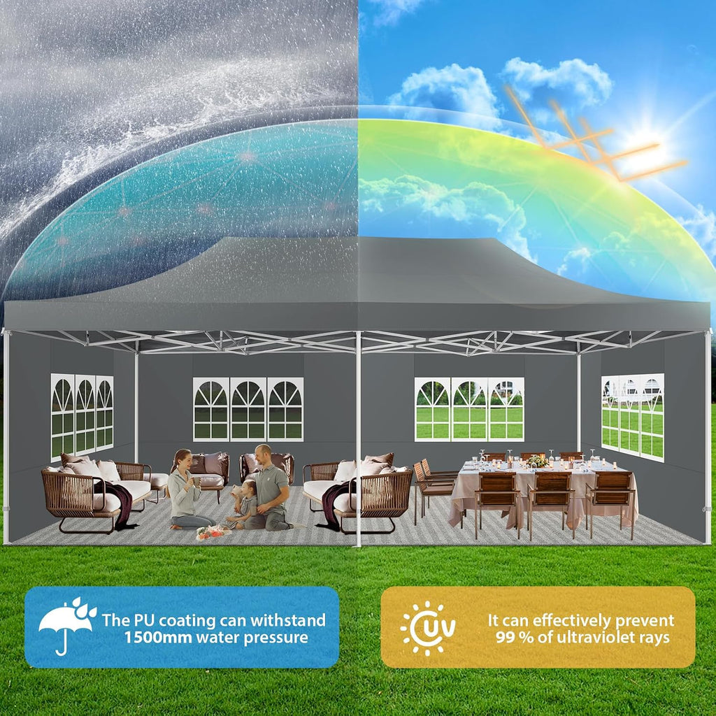 COBIZI 13x26 Heavy Duty Pop Up Canopy Tent with 6 Sidewalls Thicken Frame, Commercial Easy Up Outdoor Wedding Party Tents, All Season Waterproof Windproof with Stakes Sandbags Ropes Roller Bag, Gray