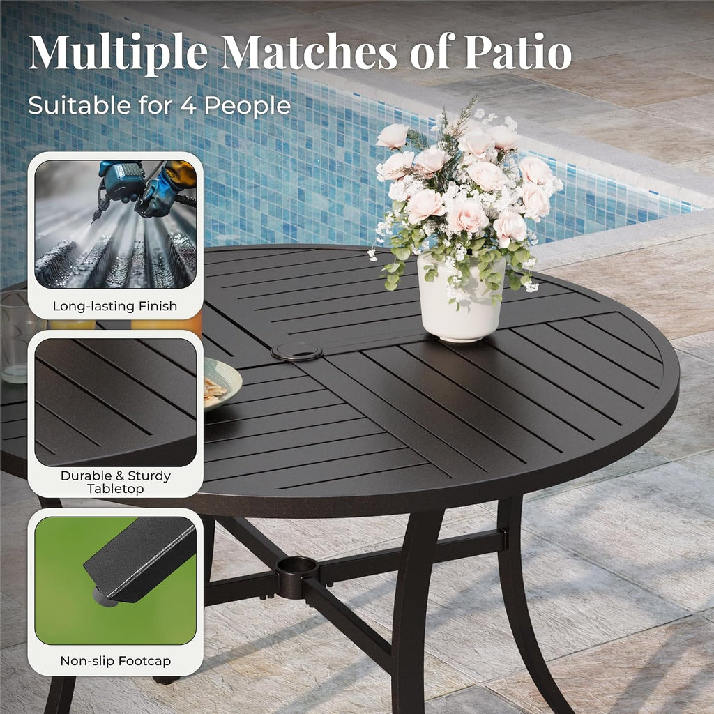 MIXPATIO Patio Table and Chairs Set for 4, 5 Pieces Outdoor Dining Set, 4 Red Textilene Chairs and 42' Metal Round Table with Umbrella Hole, for Deck Garden Backyard Lawn Poolside