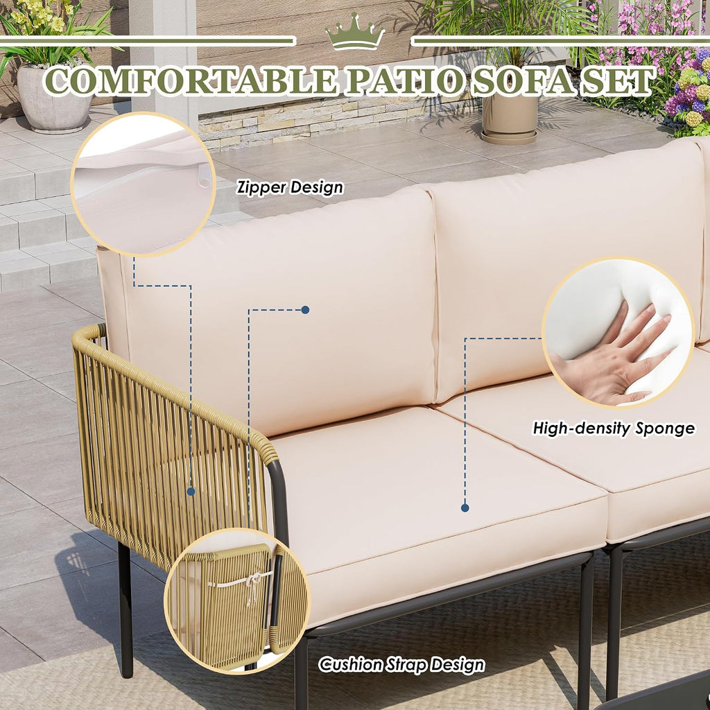 Patio Furniture Set, 5 Piece Outdoor Patio L-Shaped Conversation Set with Cushions and Table, All-Weather Rattan Woven Sectional Sofa for Backyard, Porch, Boho Detachable Lounger (Beige)