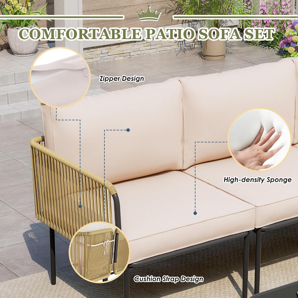 Patio Furniture Set, 5 Piece Outdoor Patio L-Shaped Conversation Set with Cushions and Table, All-Weather Rattan Woven Sectional Sofa for Backyard, Porch, Boho Detachable Lounger (Beige)