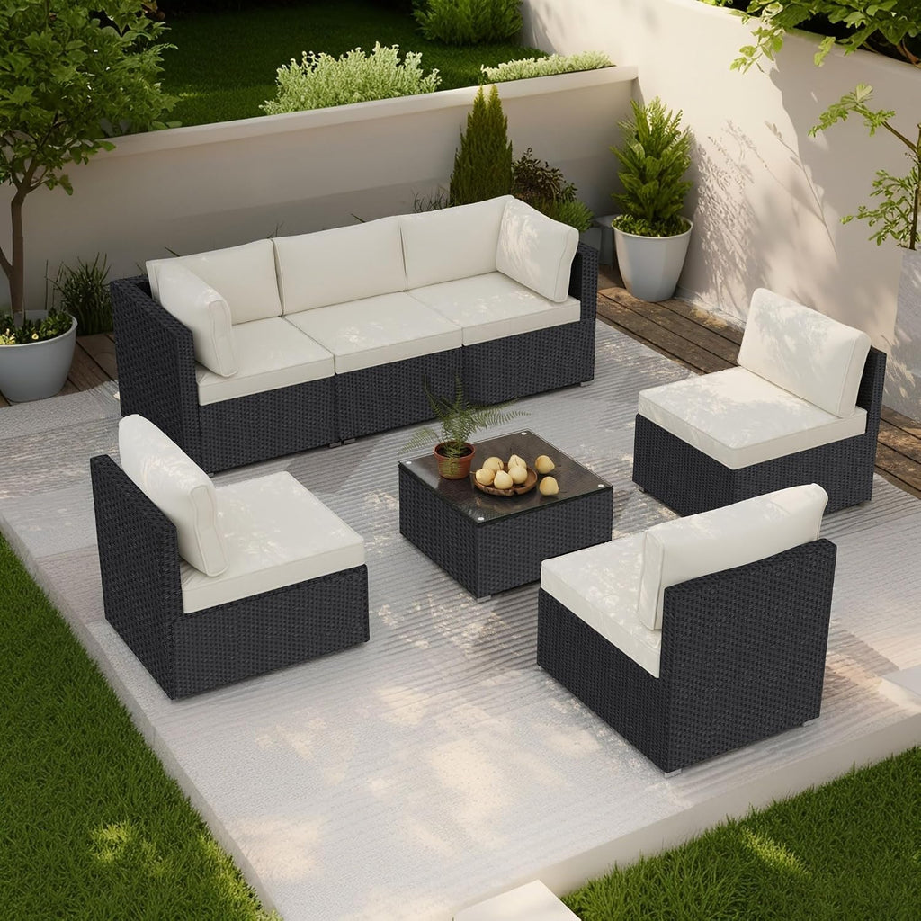 7-Piece Outdoor Patio Furniture Set – Handwoven All-Weather Rattan & 4' Thick Waterproof Cushions, Wicker Outdoor Conversation Sets with Coffee Table for Deck, Backyard, Garden, 2026, Black/Beige