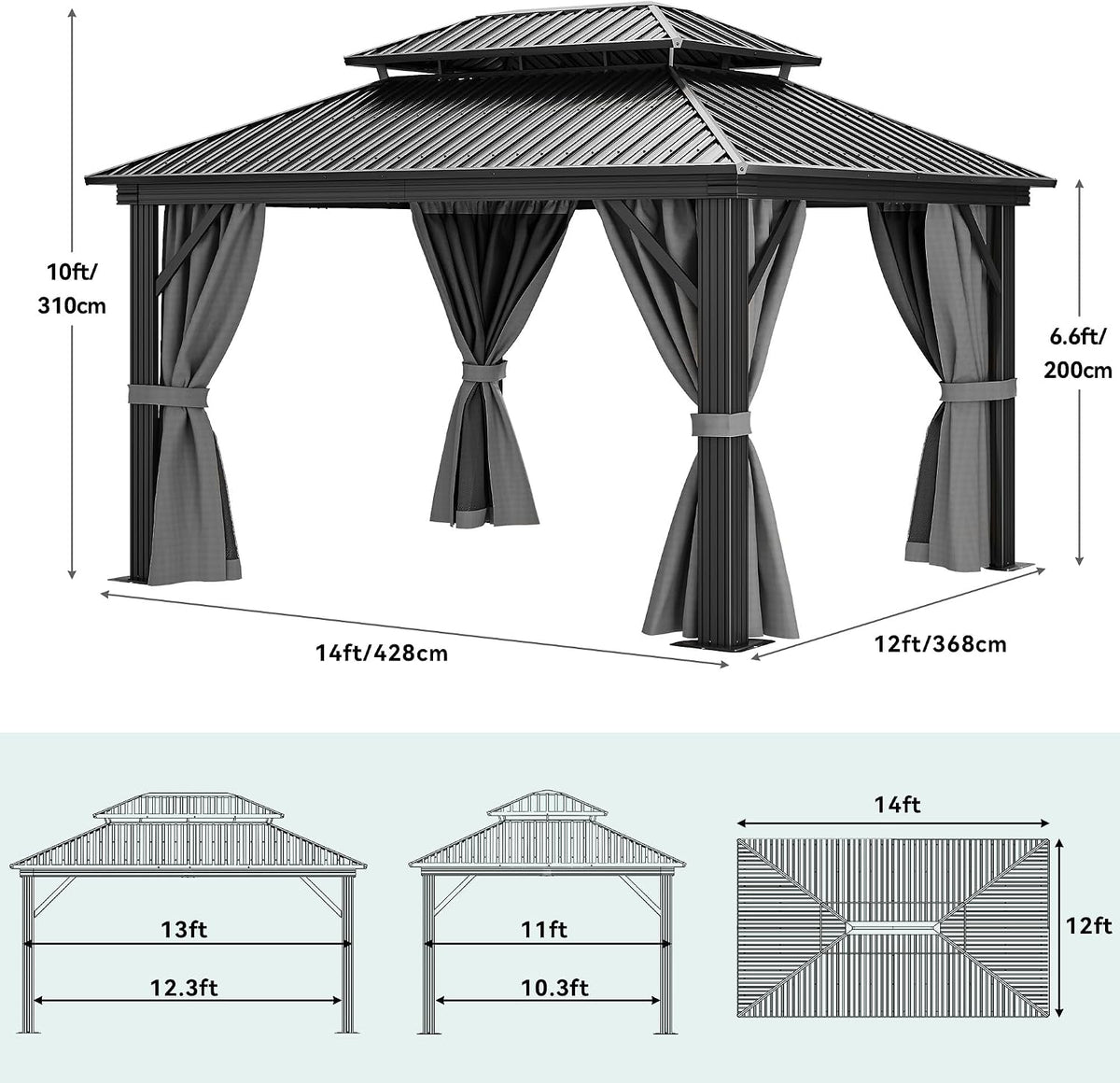 YITAHOME 12x14ft Hardtop Gazebo, Heavy Duty Double Roof Galvanized Steel Outdoor with Nettings and Curtains Combined of Vertical Stripes Roof for Patio, Backyard, Deck, Lawns, Gray