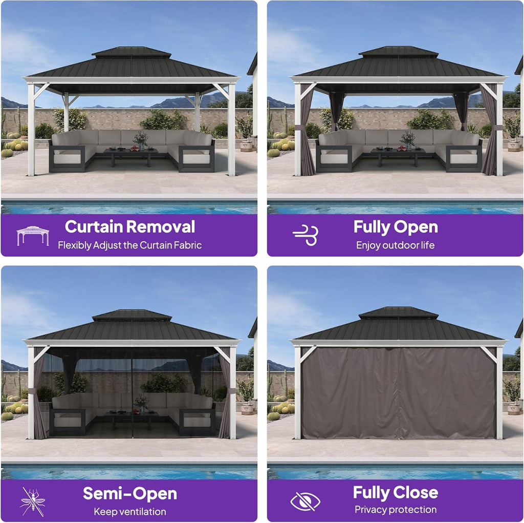 PURPLE LEAF 13' X 15' Hardtop Gazebo with Double Galvanized Steel Roof Awning and Upgrade Curtain for Patio Lawn and Garden, Grey
