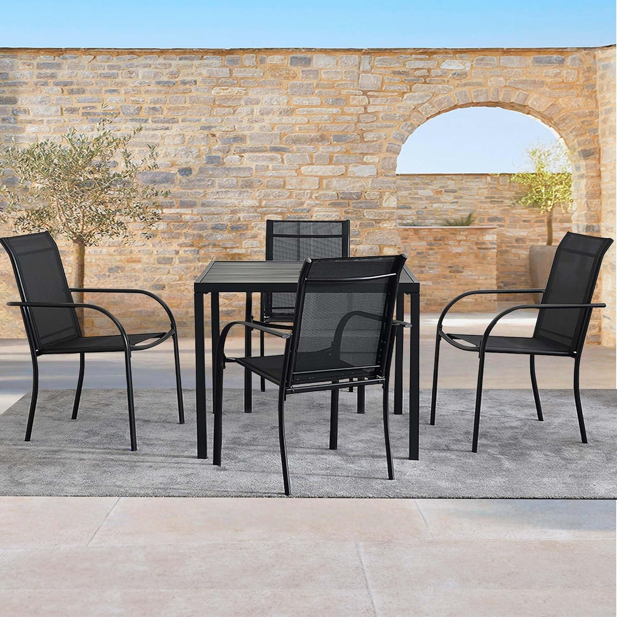5 Pieces Patio Dining Set for 4, Black Patio Stackable Chairs and Black Square Table Set of 4, Outdoor Furniture Set with Sling Support for Outside, Garden