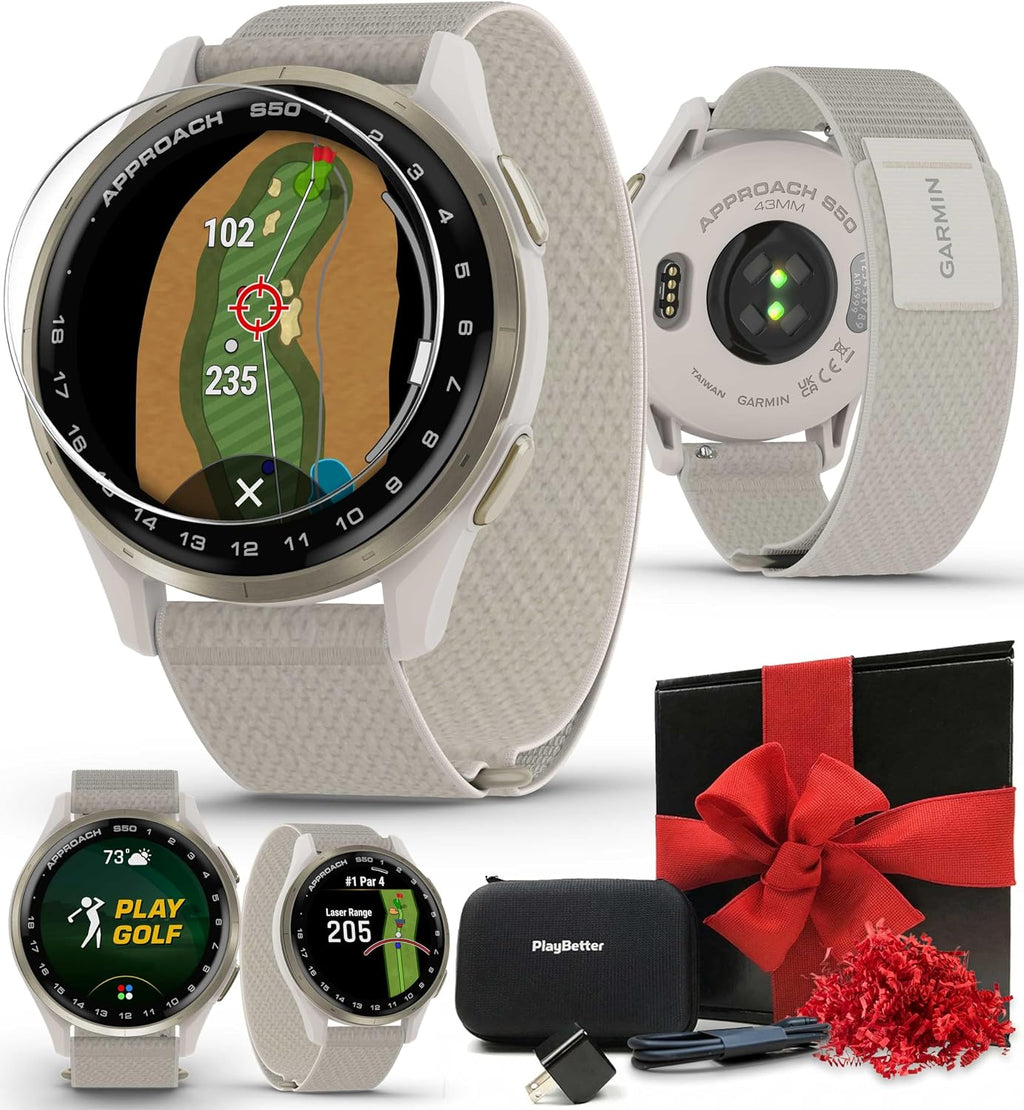 Garmin Approach S50 (Cream Gold/Ivory) Golf GPS Smartwatch Gift Box Bundle - 1.2' AMOLED Display, On-Course Features, Wrist Heart Rate with PlayBetter Screen Protectors, Wall Adapter & Hard Case