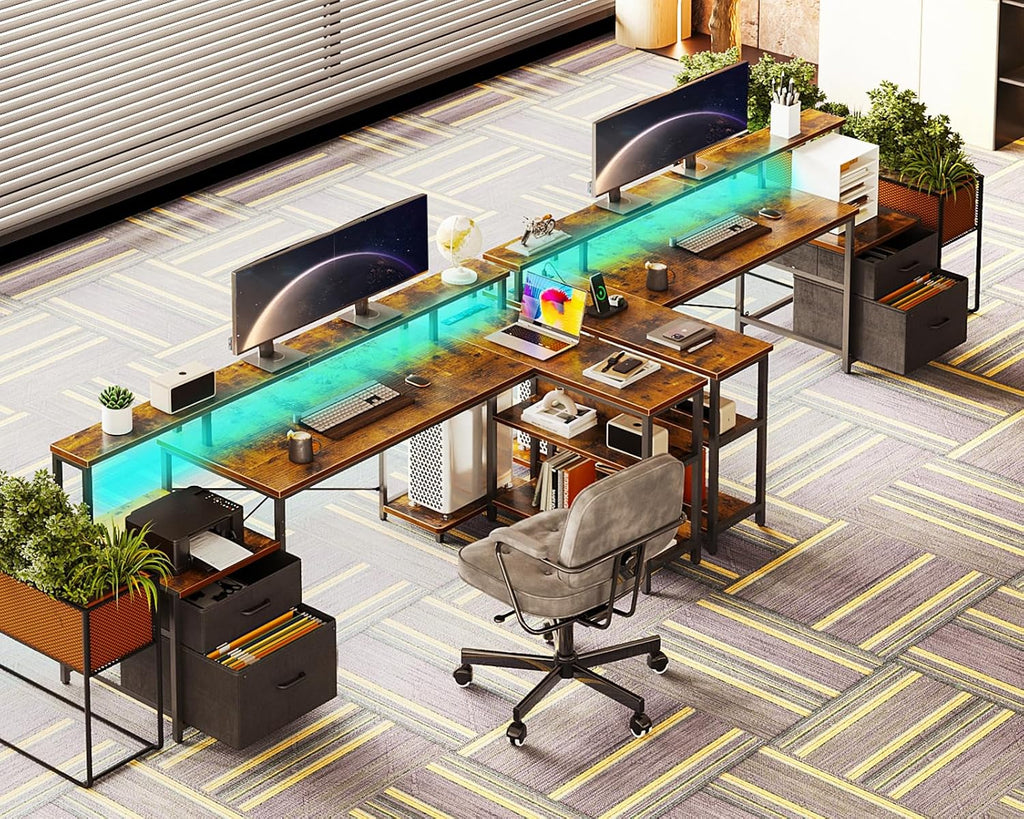 ODK L Shaped Desk with File Drawer, 66' Reversible L Shaped Computer Desk with Power Outlet & LED Strip, Office Desk with Storage Shelves, Gaming Desk with Monitor Shelf, Corner Desk, Vintage