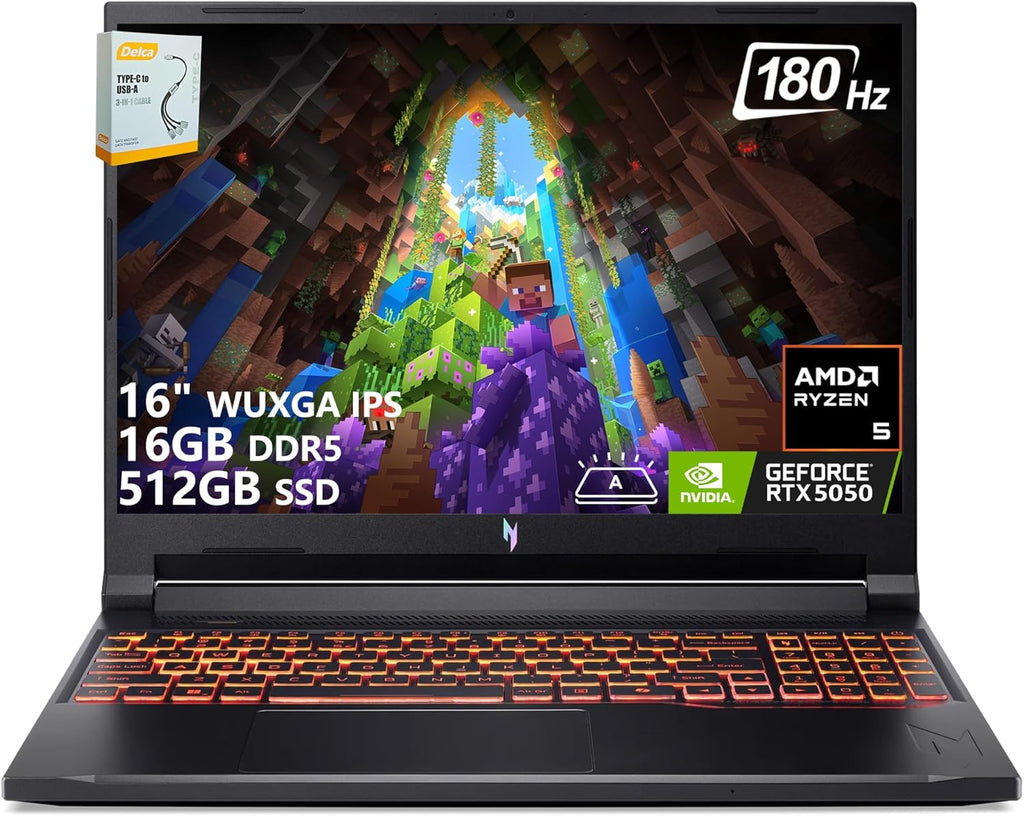 acer Nitro V 16 AI Gaming Laptop | 16' WUXGA IPS 180Hz | AMD Hexa-Core Ryzen 5 240 | 16GB DDR5 512GB SSD | GeForce RTX 5050 8GB DLSS4 (Up to 440 AI Tops) | Backlit Keyboard Win11 w/DLCA Accessory