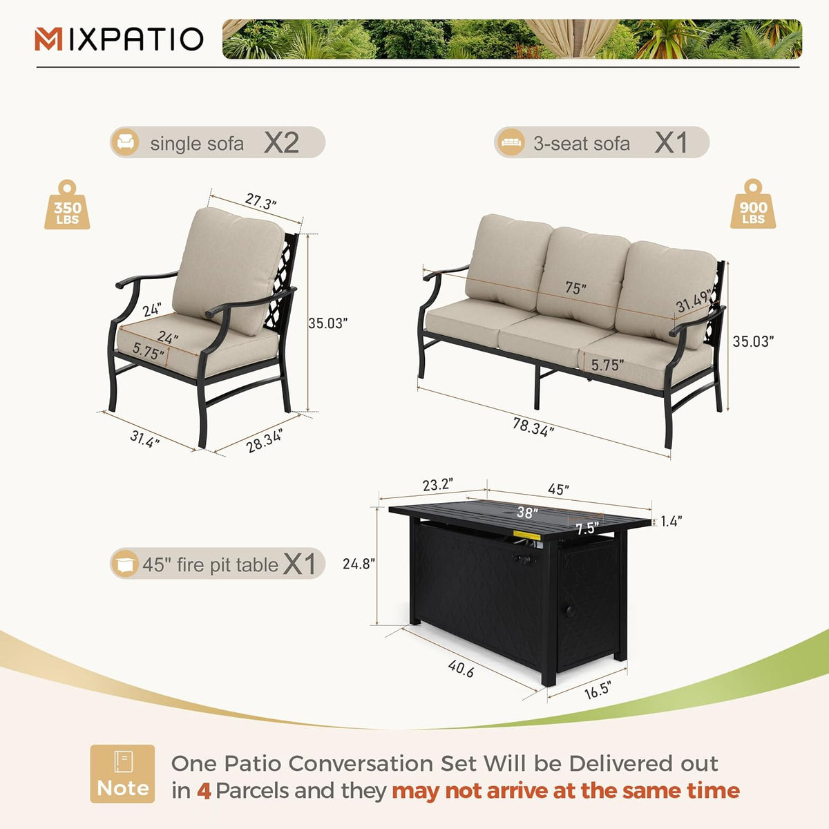 MIXPATIO Patio Furniture Set with Firepit Table, 4 Pcs Metal Outdoor Conversation Set, 2 Single Chairs and 3 Seater Sofa with 5.75' Extra Thick Cushion and Gas Fire Pit Table for Backyard Deck, Beige