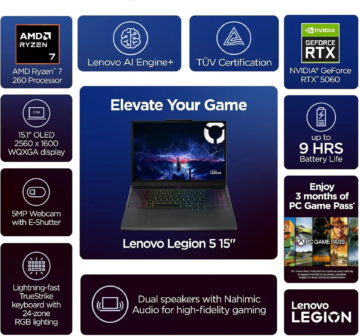 Lenovo Legion 5 Gaming Laptop, Ryzen 7 260, NVIDIA GeForce RTX 5060, 15.1' WQXGA (2560x1600) OLED Display, Backlit Keyboard, Wi-Fi 7, w/Mouse pad (32GB RAM | 2TB PCIe SSD)