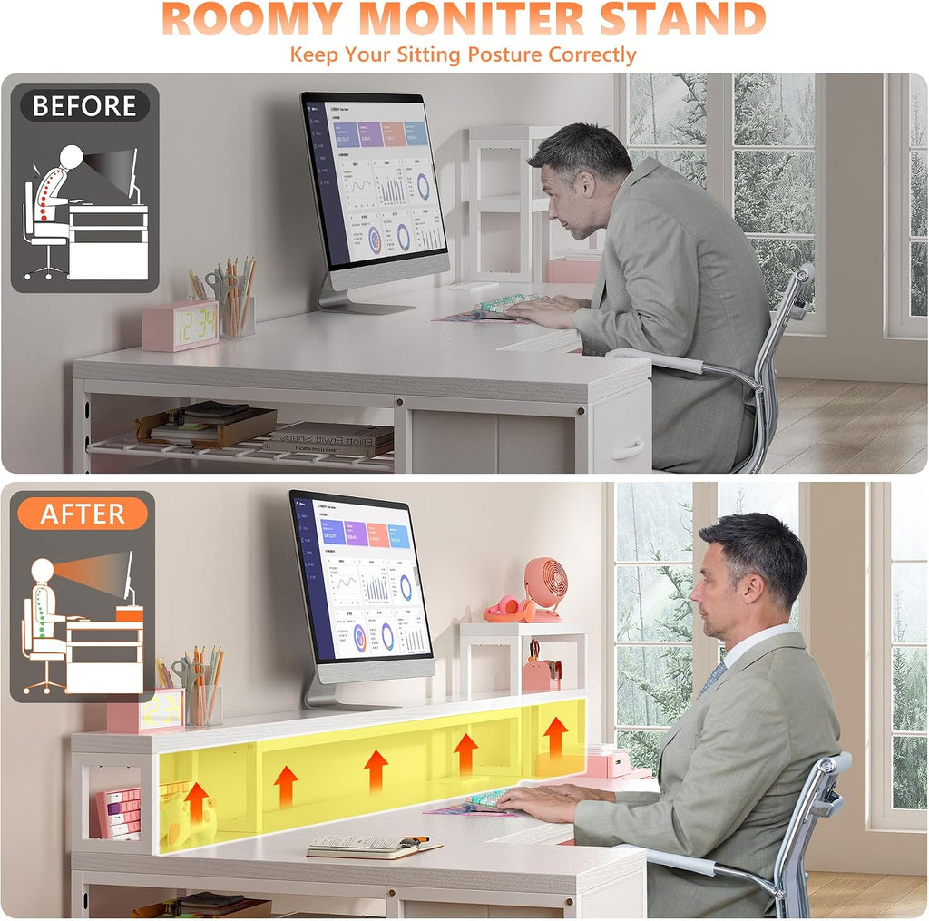 EnHomee 71' L Shaped Gaming Desk with LED Lights,White Computer Desk with Drawers and Printer Shelf,Power Outlet,Reversible Home Office Desks with Storage and Monitor Stand