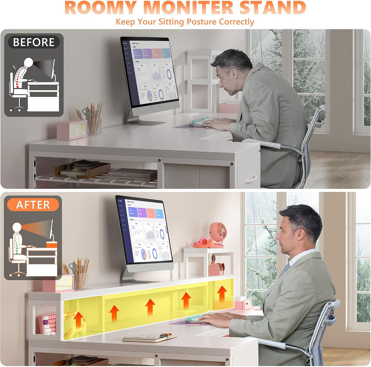 EnHomee 71' L Shaped Gaming Desk with LED Lights,White Computer Desk with Drawers and Printer Shelf,Power Outlet,Reversible Home Office Desks with Storage and Monitor Stand