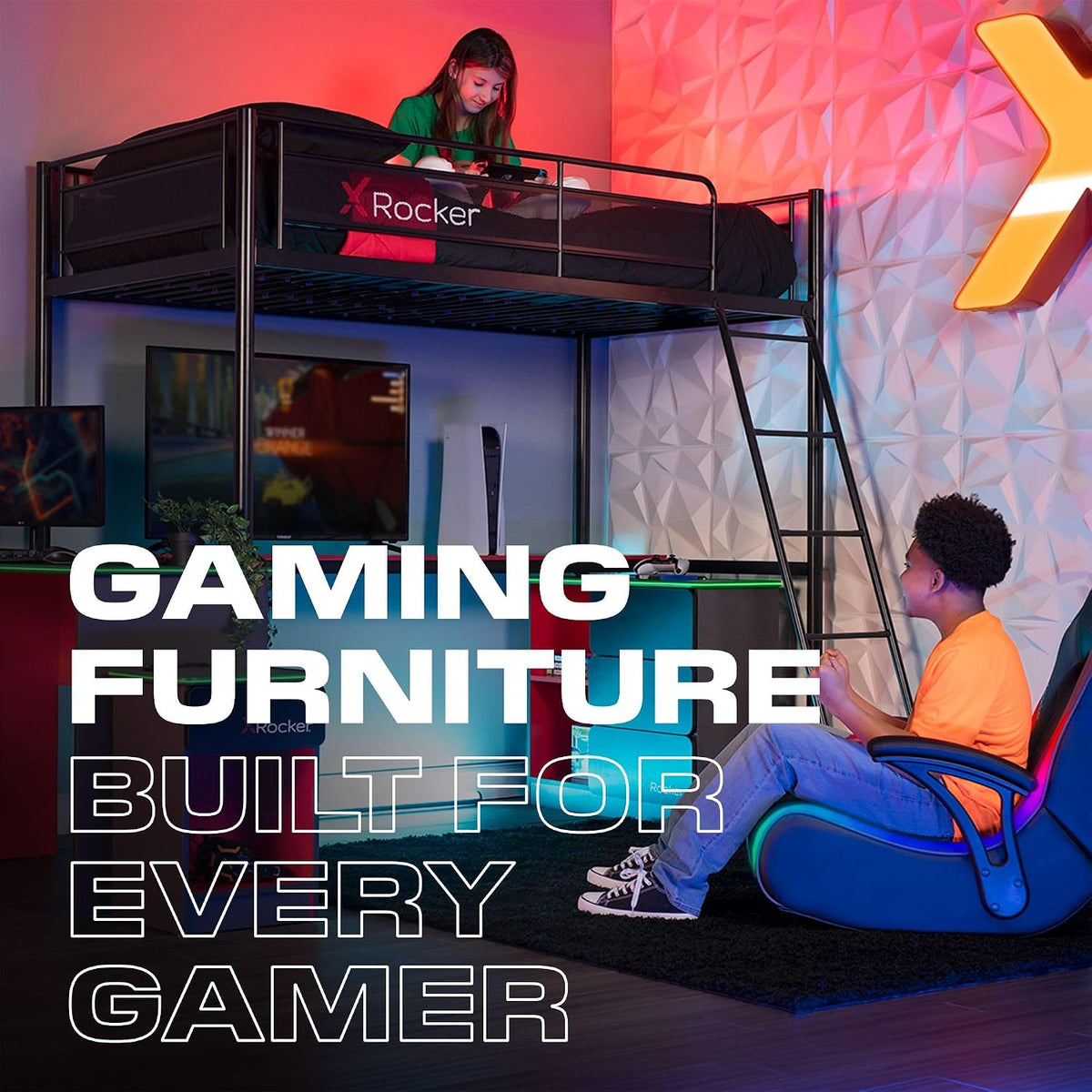 X Rocker Carbon Tek LED Gaming Desk with Wireless Charging, Headphone Hook, and Cable Management