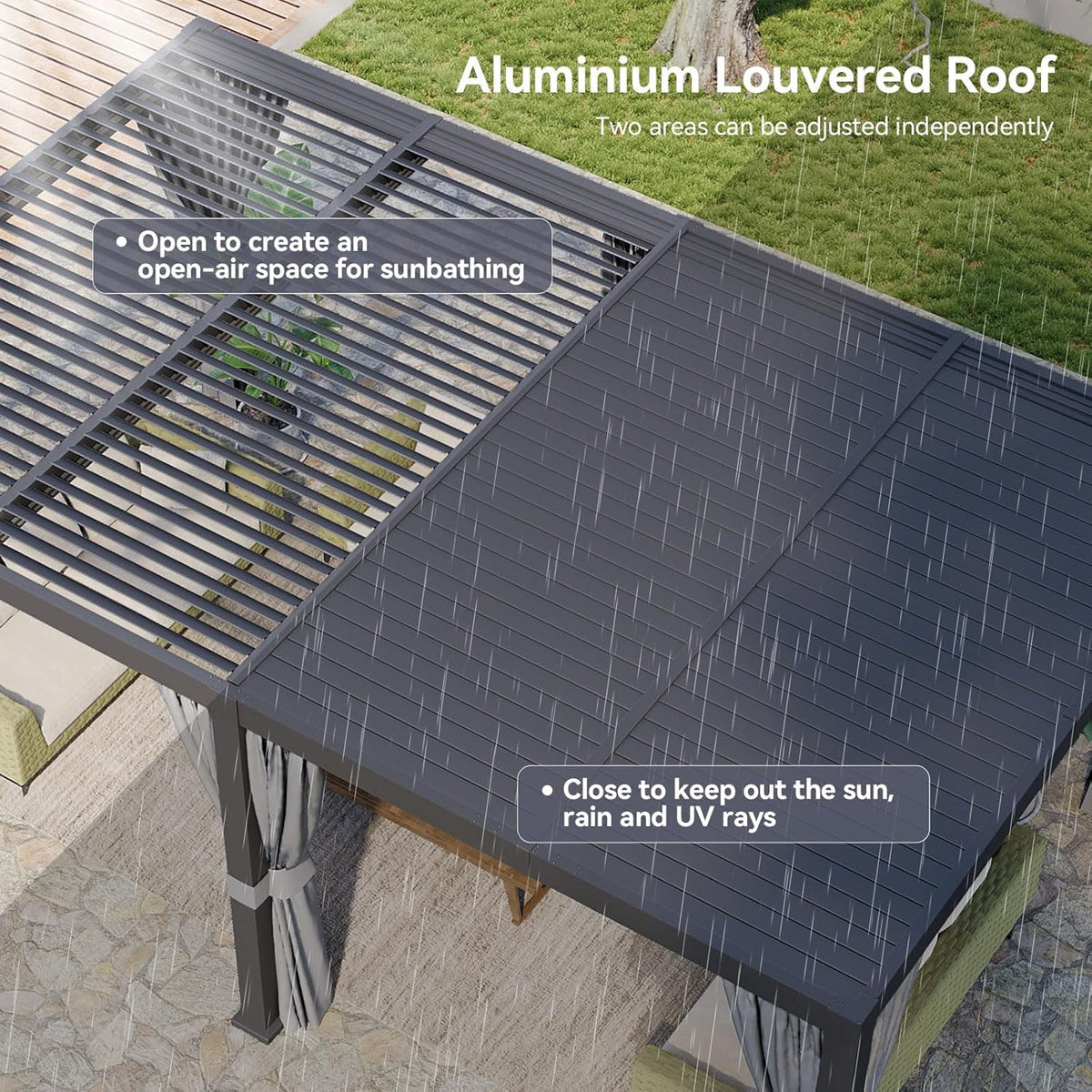 Aoxun Louvered Pergola 12' x 20' Outdoor Aluminum Pergola Adjustable Roof, with Waterproof Curtains and Nets, for Decks, Gardens, Gray