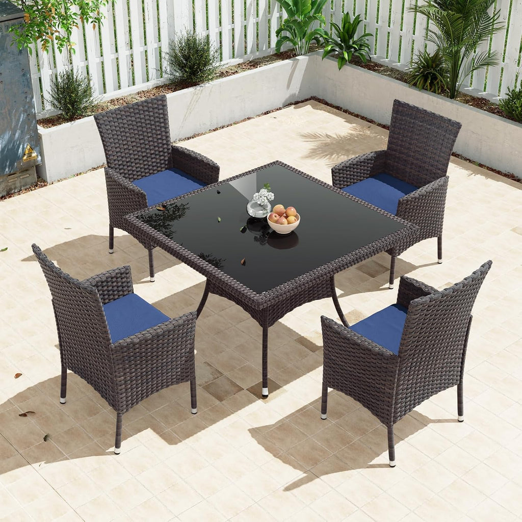Gotland 5 Piece Outdoor Dining Set, All-Weather Rattan Patio Furniture Set with Umbrella Hole Tempered Glass Square Table, Outdoor Table and Chairs with Removable Cushions for Backyard, Deck, Navy