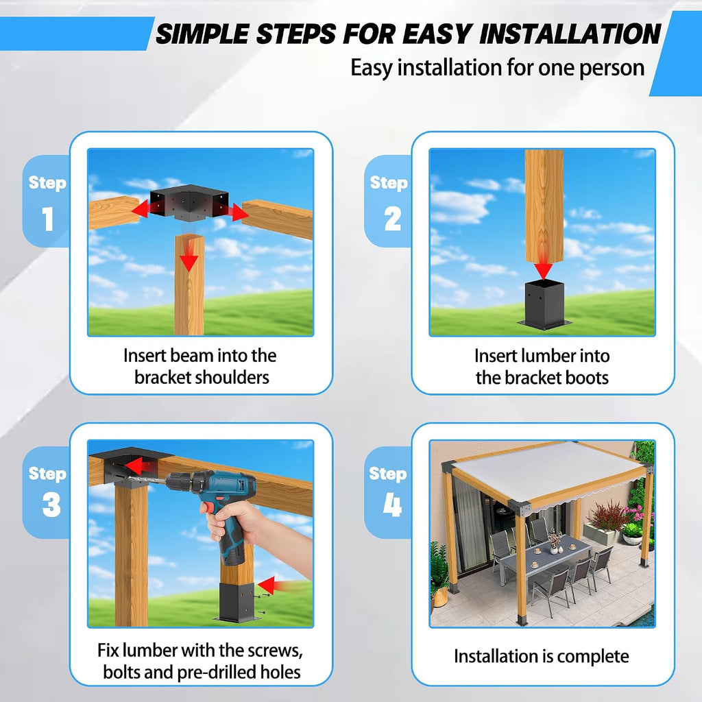 JEXALINE Aluminum Pergola Kit for 4'x4' Lumber, Heavy Duty Pergola Brackets with 3-Way & 4-Way Corner Brackets, DIY Gazebo Kit for Outdoor Patio Backyard Garden, Fits Actual 3.6' x 3.6' Wood