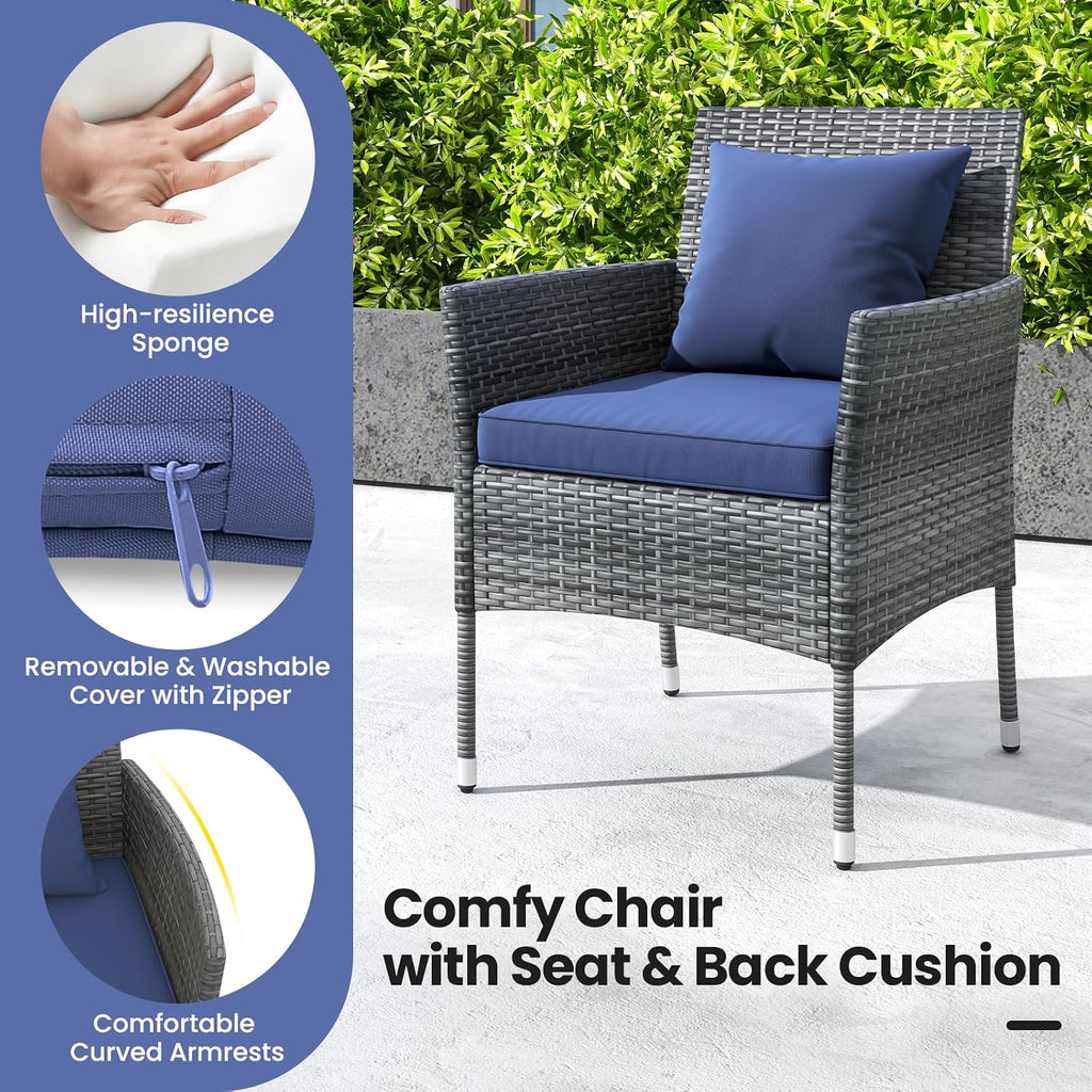 KOTEK 3 Pieces Patio Furniture Set, PE Rattan Outdoor Conversation Set with Tempered Glass Table & Soft Cushions, Wicker Bistro Set for Garden, Porch, Balcony (Navy)