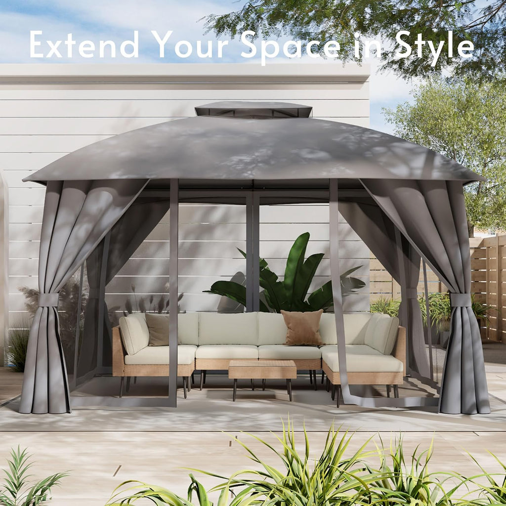 Gazebo 10x12(Canopy Size) with Mosquito Netting & Privacy Screens. Double Roof Design Outdoor Gazebo with Trapezoidal Support System for Patio, Deck, Backyard, Garden & Lawns (Charcoal Gray)
