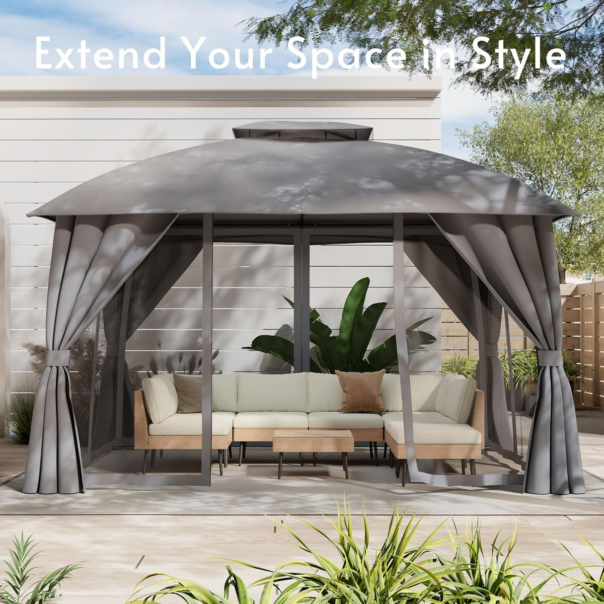 Gazebo 10x12(Canopy Size) with Mosquito Netting & Privacy Screens. Double Roof Design Outdoor Gazebo with Trapezoidal Support System for Patio, Deck, Backyard, Garden & Lawns (Charcoal Gray)