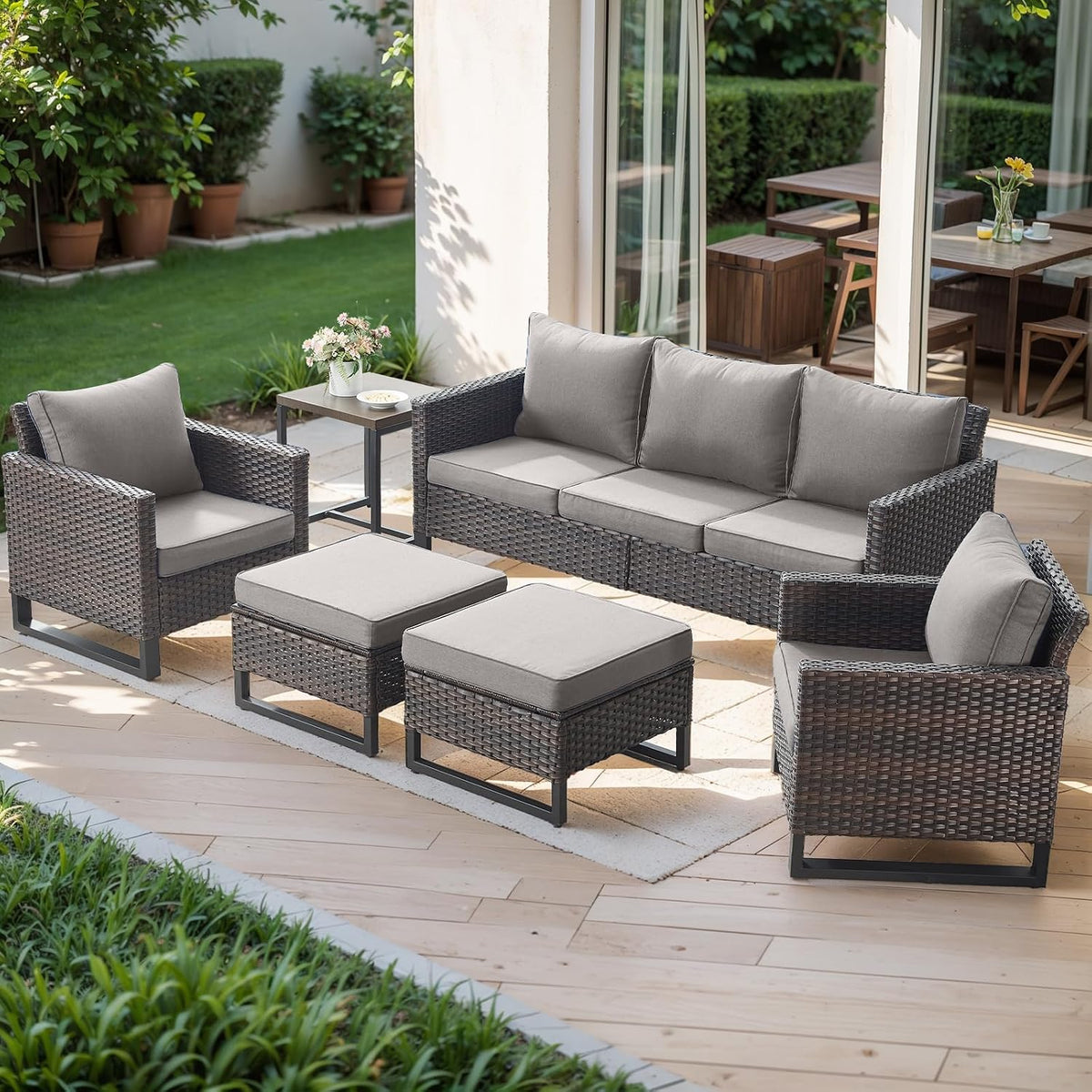 Rilyson Luxury Wicker Outdoor Patio Furniture Set - 6 Piece Patio Conversation Set with 2 Armrest Chairs,2 Rattan Ottoman,1 Couch and 1 Metal Side Table for Outside Porch Deck Backyard(Brown/Grey)