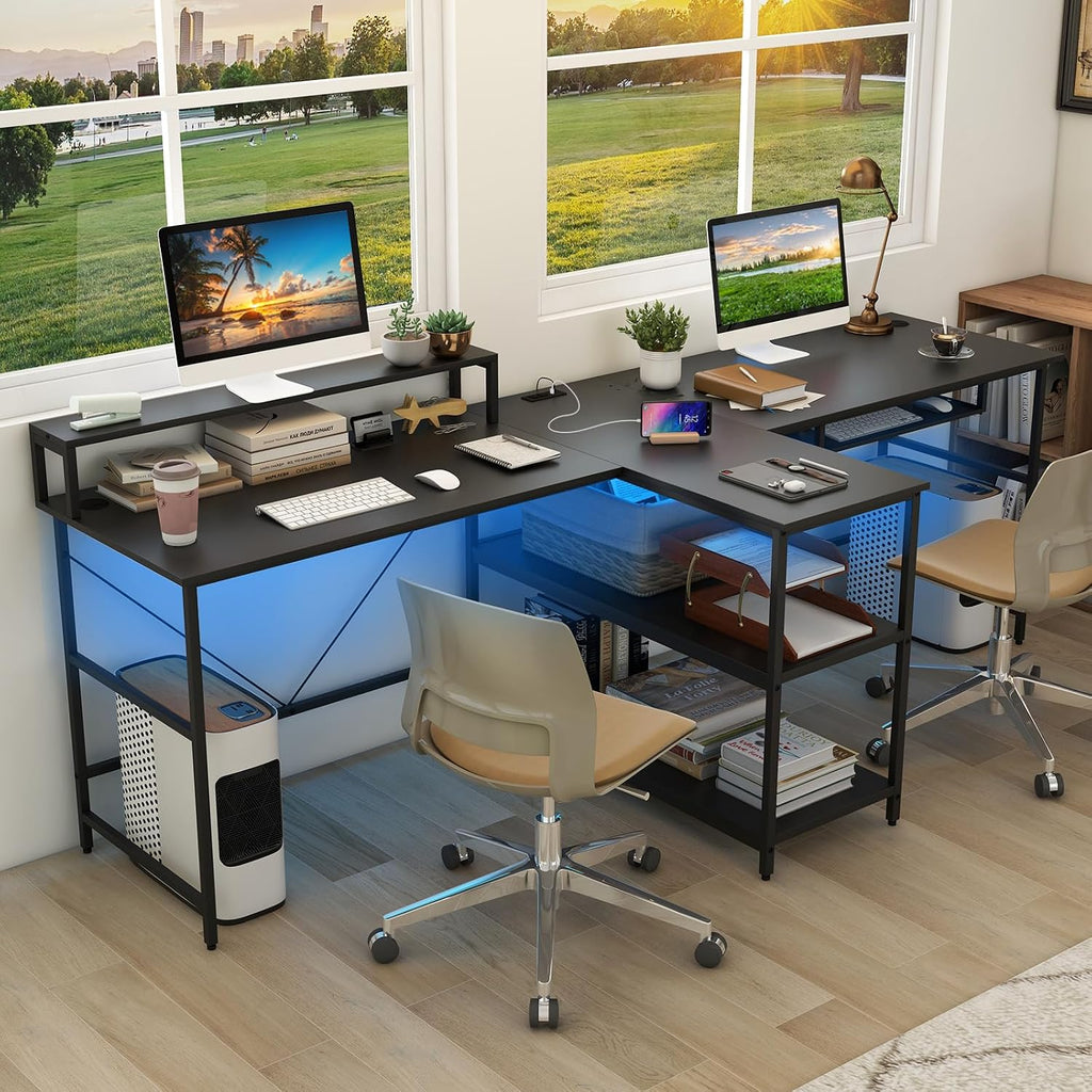 Tangkula 2-Person Reversible Computer Desk with LED Lights, 94.5' Long Office Desk with Power Outlets, Monitor Stand, Keyboard Tray & 2 Storage Shelves, Double Desk for Gaming Working Writing (Black)