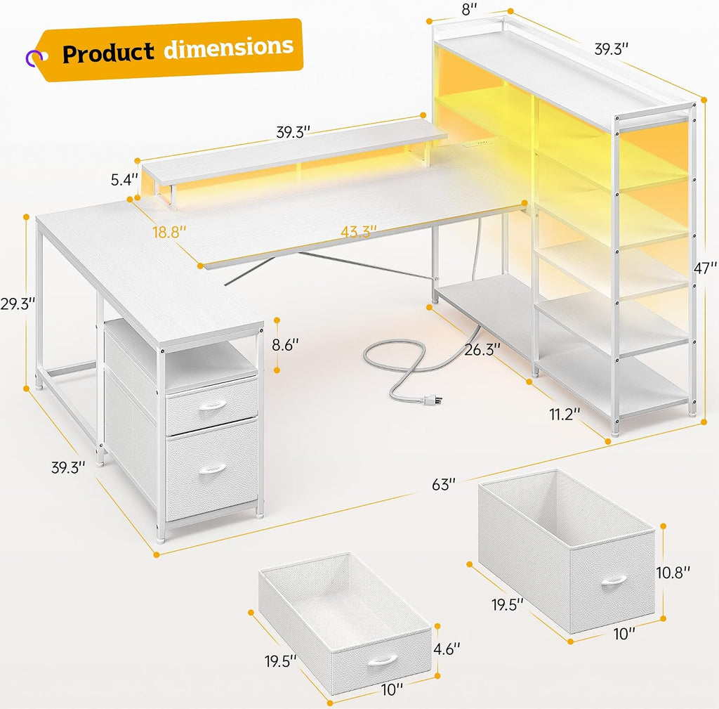 DurayLoly Computer Desk with 6 Storage Shelves & 2 Fabric Drawers,63'' L Shaped Gaming Desk with Power Outlet & LED Strip, Reversible Office Desk with Monitor Stand, White