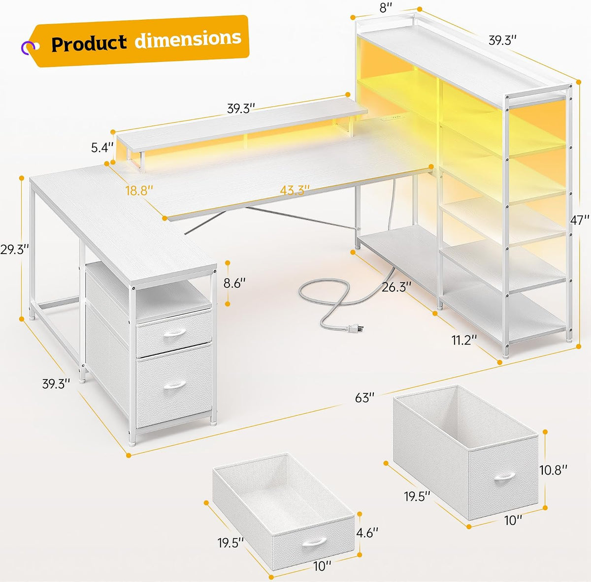 DurayLoly Computer Desk with 6 Storage Shelves & 2 Fabric Drawers,63'' L Shaped Gaming Desk with Power Outlet & LED Strip, Reversible Office Desk with Monitor Stand, White