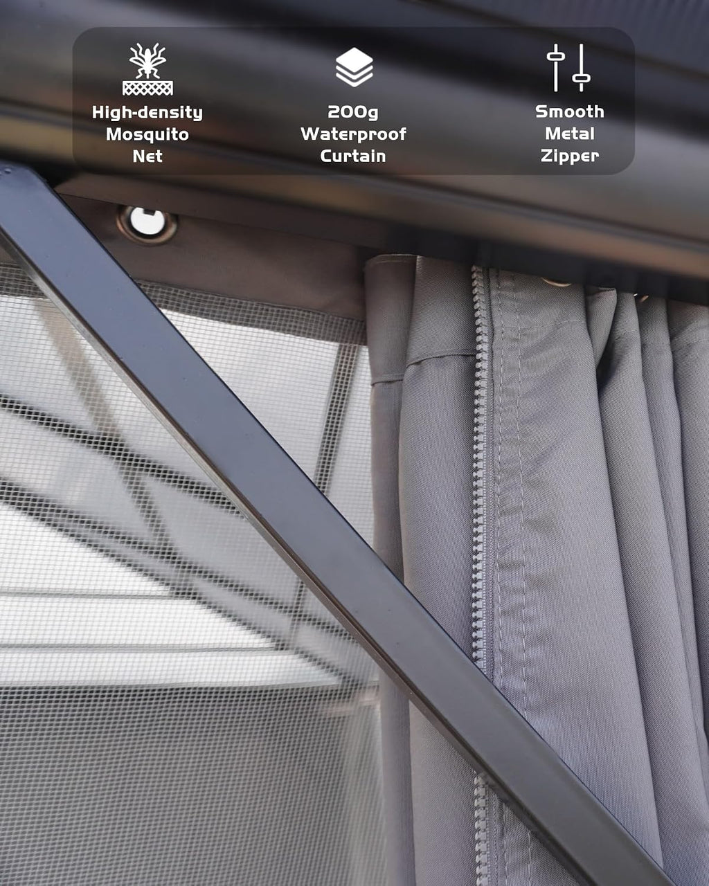 GarveeLife Hardtop Gazebo 12 ft x16 ft for All Weather, Double Polycarbonate Sheets Roof, Aluminum Alloy Frame, Net, and Curtain, Permanent Building for Patio, Deck, Backyard, Lawn, and Garden