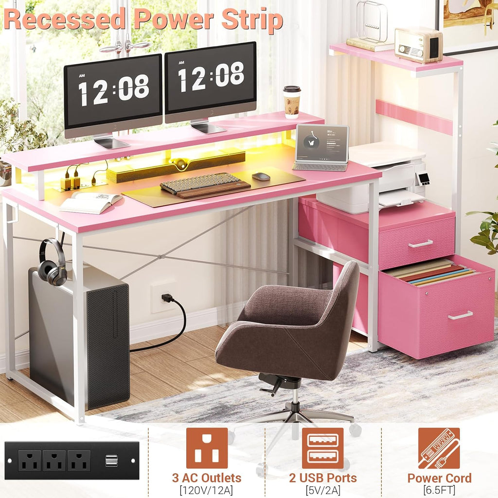 Aheaplus Gaming Desk with LED Strip & Power Outlet, 59Inch Reversible Computer Desk with Monitor Stand & Storage Shelves, Home Office Desks with Fabric File Drawer, Gamer Table PC Desk, Pink