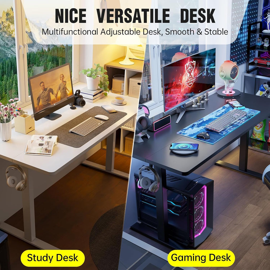 Veken 47.2 Inch Large Electric Standing Desk, Heights Adjustable, Sit to Stand Up, Work Home Office Computer Table for Study, Walking Pad, Writing, and Games, Wooden Desktop Desks, White