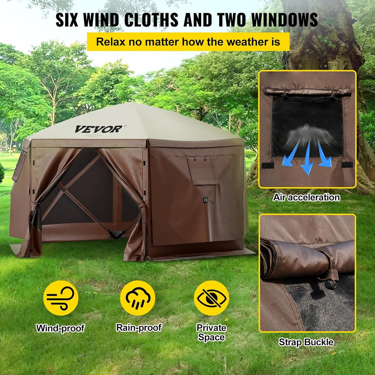 VEVOR Pop Up Gazebo Screen Tent, Pop-Up Instant Gazebo Tents with Mosquito Netting Outdoor Canopy, 6 Sided Sun Shelter 10x10ft with 6 Removable Wind Cloths & 2 Mesh Windows, Pavilion Tent for Patio