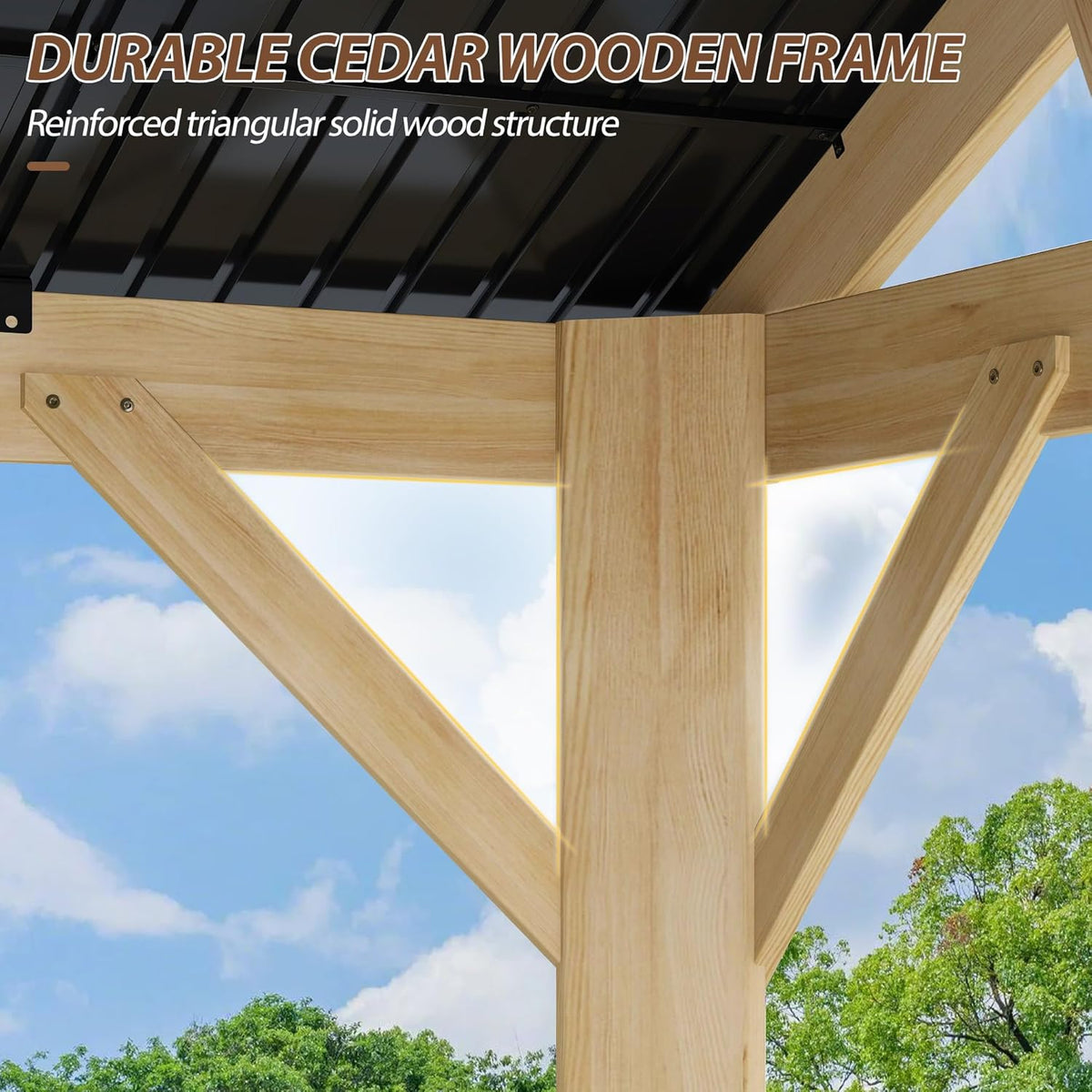 10' x 12' Wood Gazebo, Outdoor Cedar Hardtop Wooden Frame Gazebos with Galvanized Steel Roof for Garden, Patio, Deck