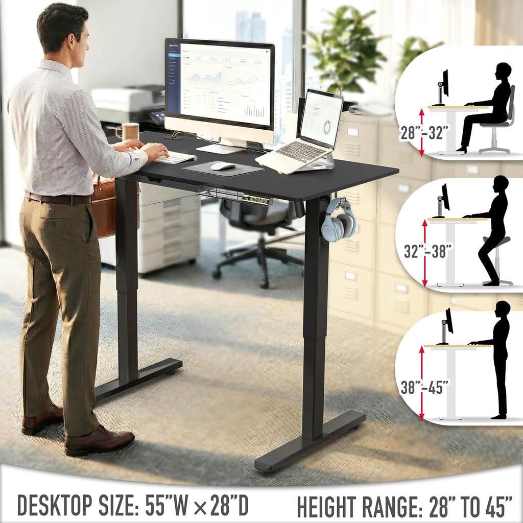 SHW 55 x 28 Inches Electric Height Adjustable Standing Desk with Drawer and Memory Preset, Black