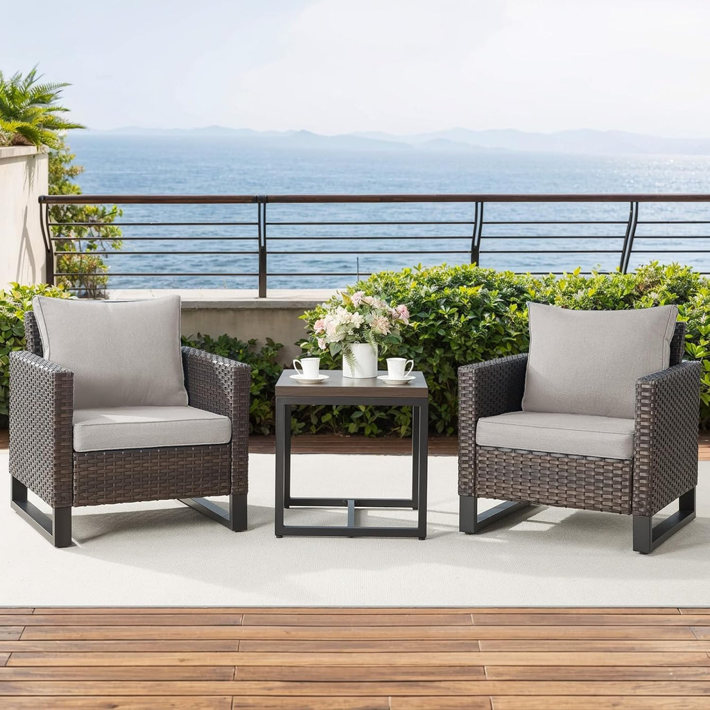 Luxury Wicker Outdoor Patio Chairs Set - 3 Piece Rattan Patio Furniture Bistro Chairs Set with Waterproof Wicker,Comfortable Cushions and Sturdy Metal Frame for Porch Deck Backyard(Brown/Beige)