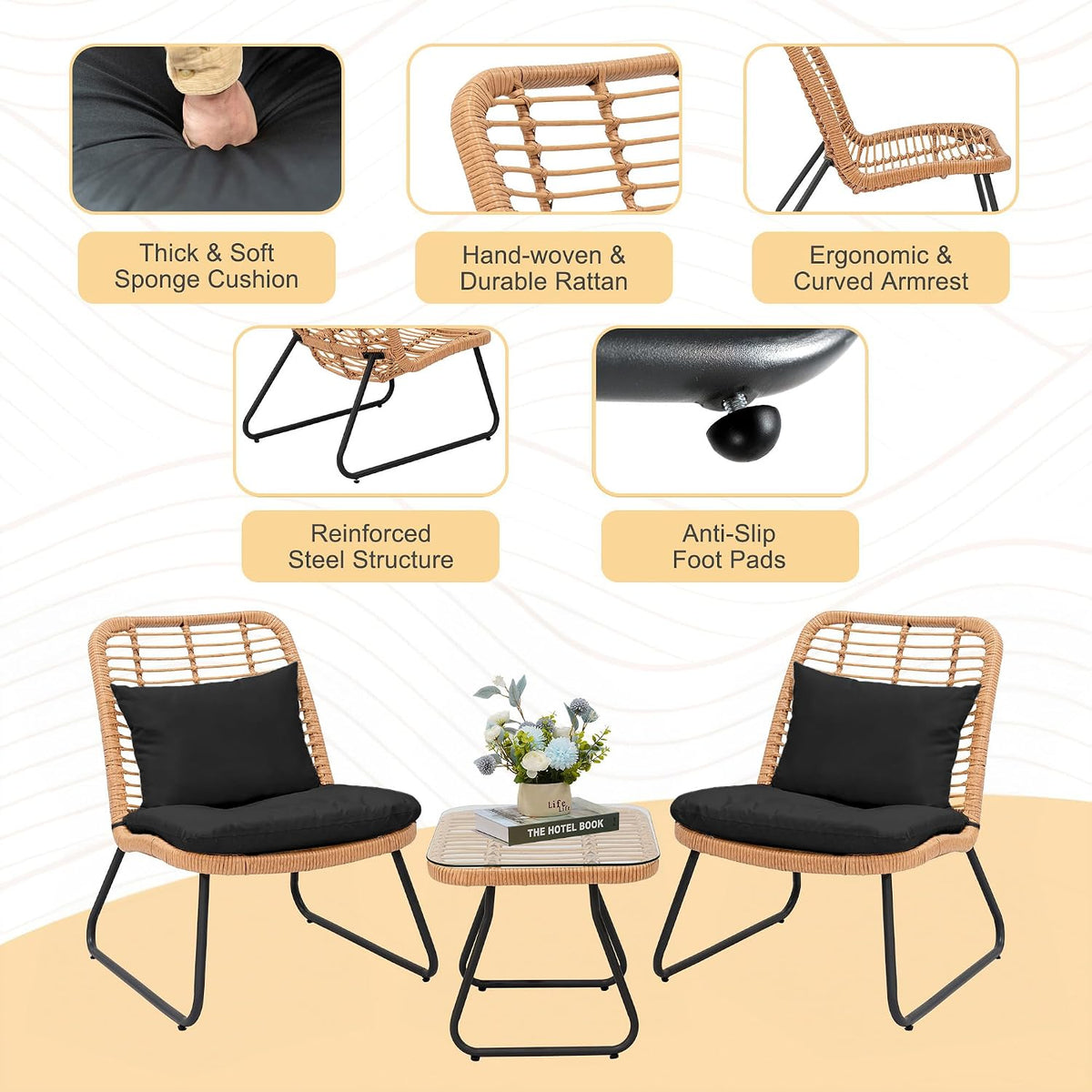 Tappio 3 Piece Outdoor Wicker Furniture Patio Bistro Set, Balcony Furniture Rattan Conversation Sets with Cushions, Wicker Patio Chairs Patio Furniture Set for Outdoor Poolside Garden